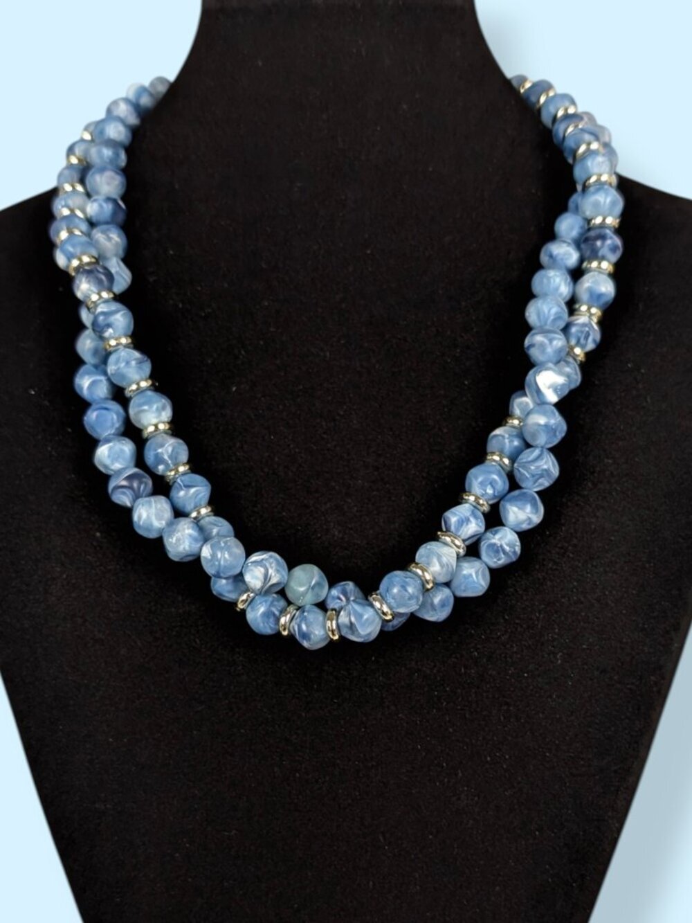 V. 2-Strand Blue & White Acrylic Beaded Statement Necklace